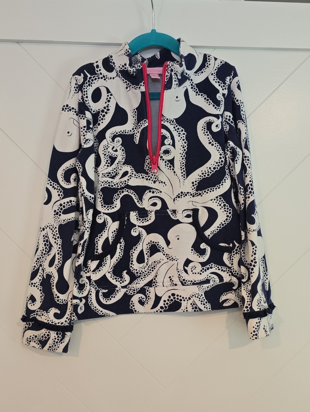 Girl's Navy & White Octopus Print Half-Zip Popover